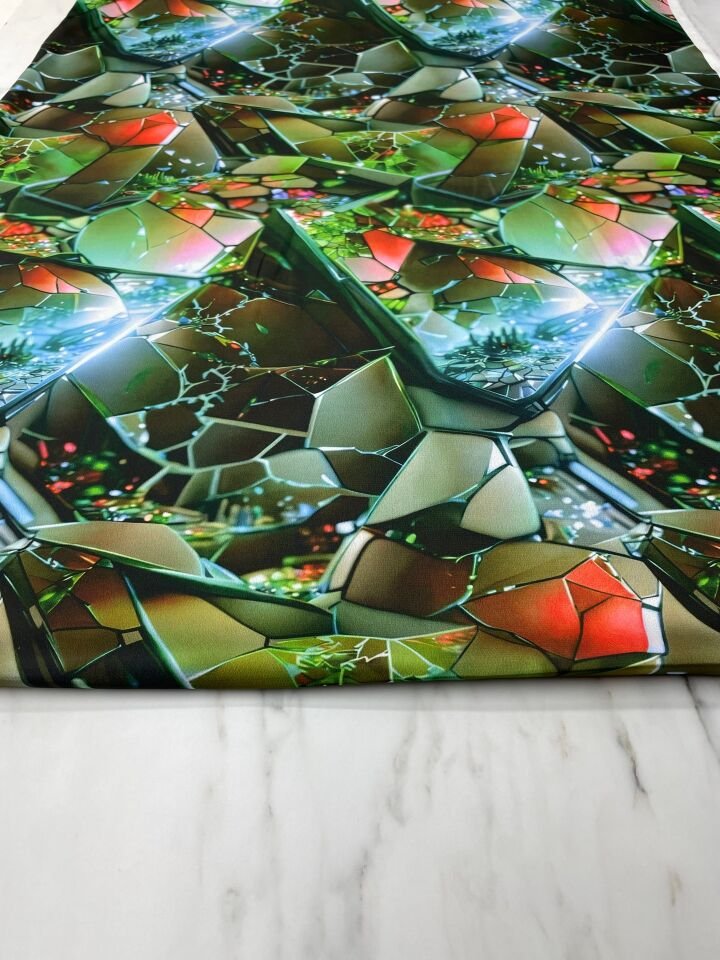 Yeşil Kristal Desen Elbiselik Gömleklik Tivil Saten Kumaş