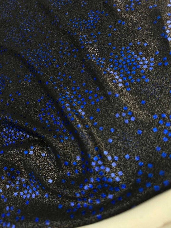 Fantazi Simli Özel ürün Mavi Desenli Krep Kumaş Elbise Etek Şalvar