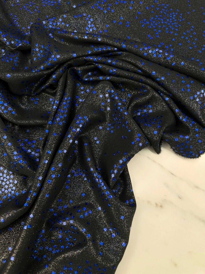 Fantazi Simli Özel ürün Mavi Desenli Krep Kumaş Elbise Etek Şalvar