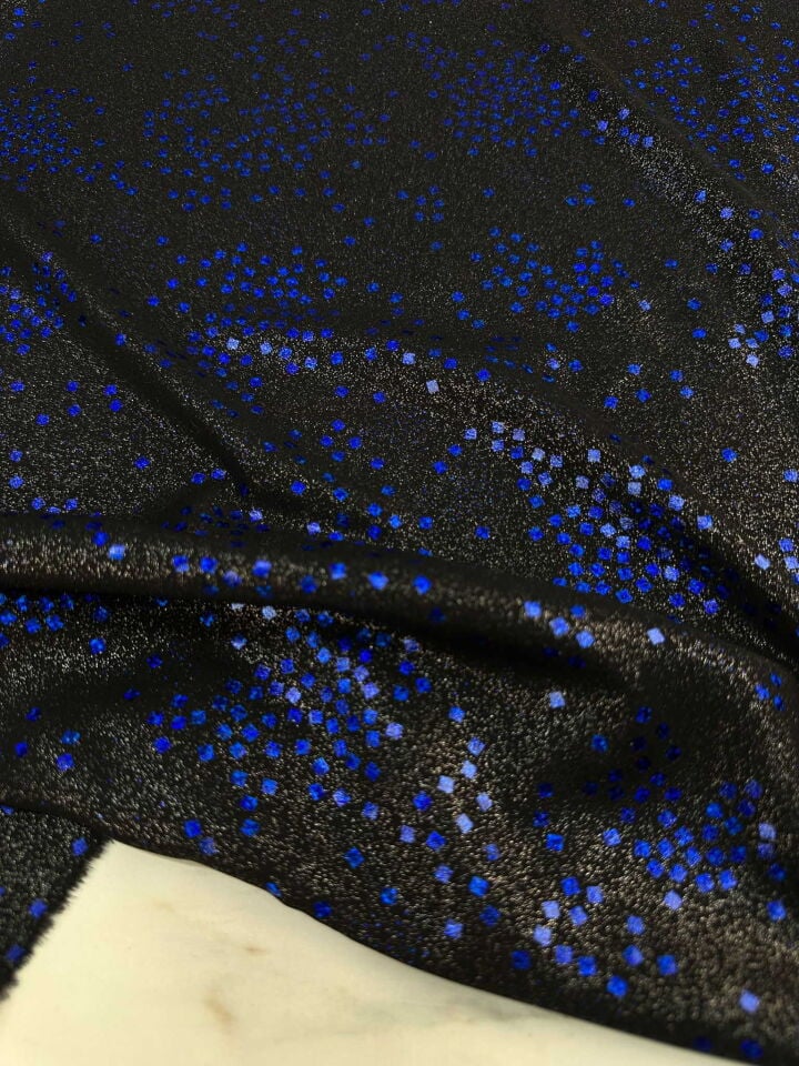 Fantazi Simli Özel ürün Mavi Desenli Krep Kumaş Elbise Etek Şalvar