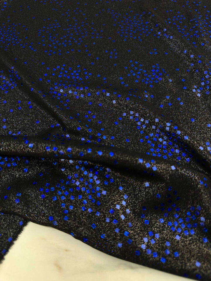 Fantazi Simli Özel ürün Mavi Desenli Krep Kumaş Elbise Etek Şalvar