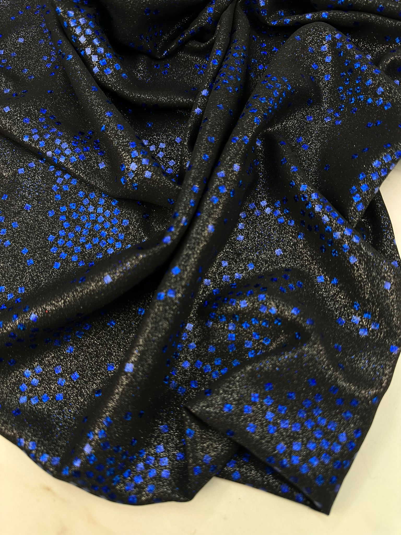 Fantazi Simli Özel ürün Mavi Desenli Krep Kumaş Elbise Etek Şalvar