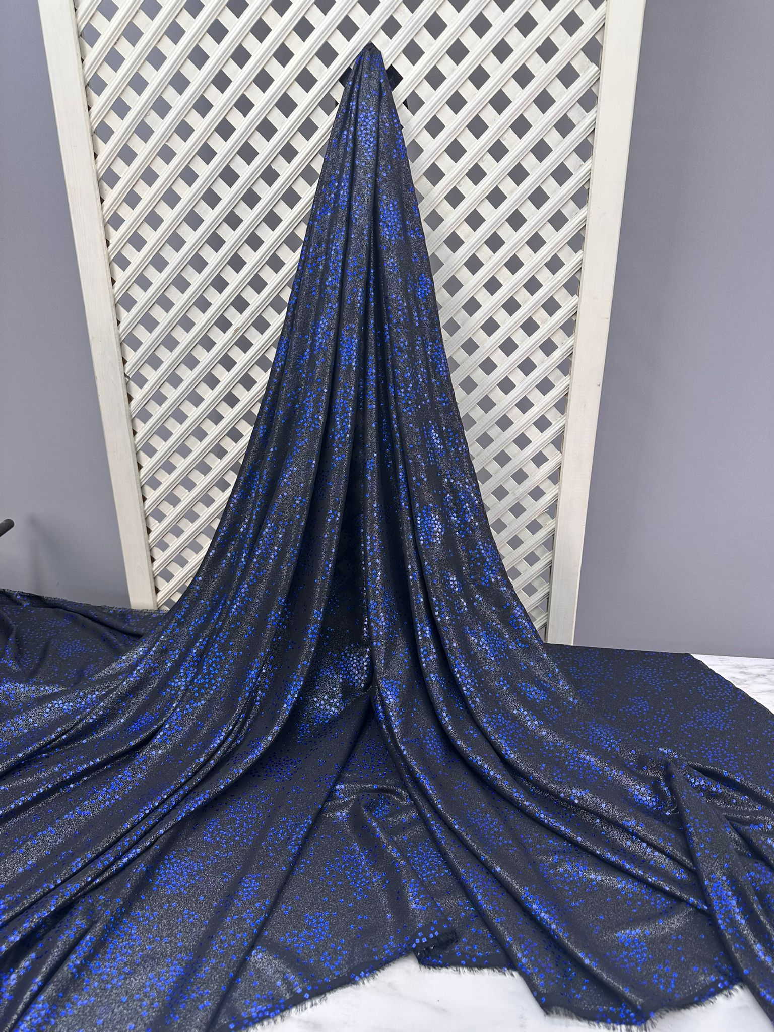 Fantazi Simli Özel ürün Mavi Desenli Krep Kumaş Elbise Etek Şalvar