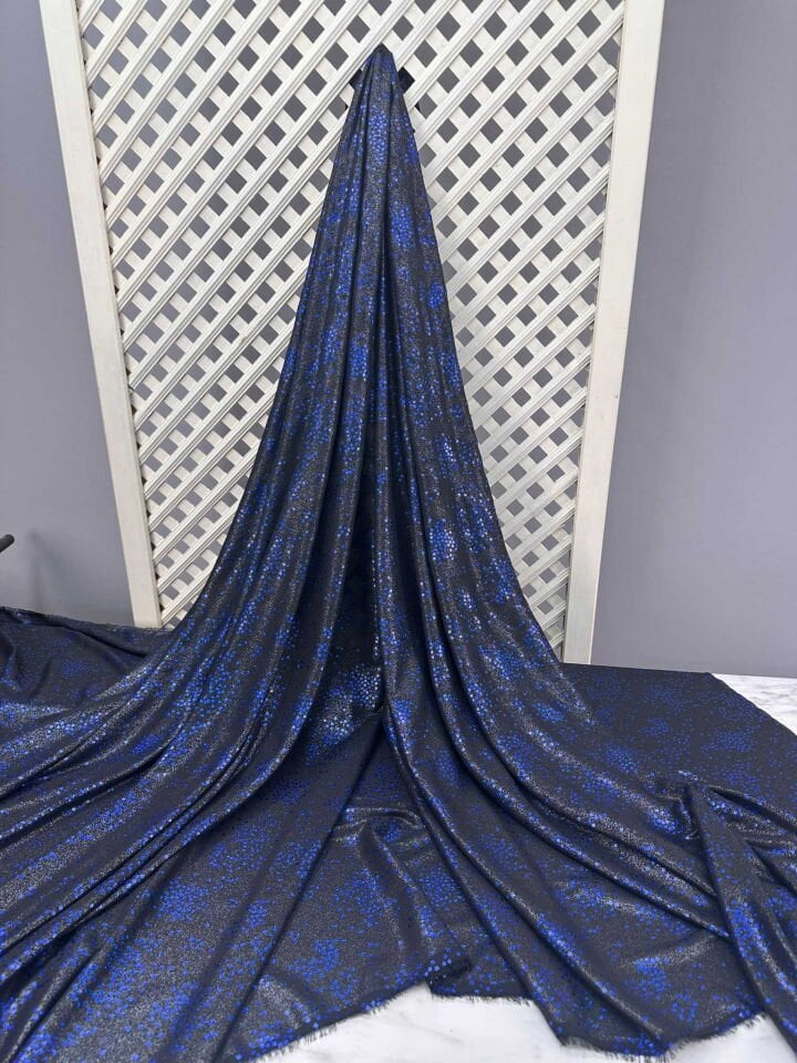 Fantazi Simli Özel ürün Mavi Desenli Krep Kumaş Elbise Etek Şalvar