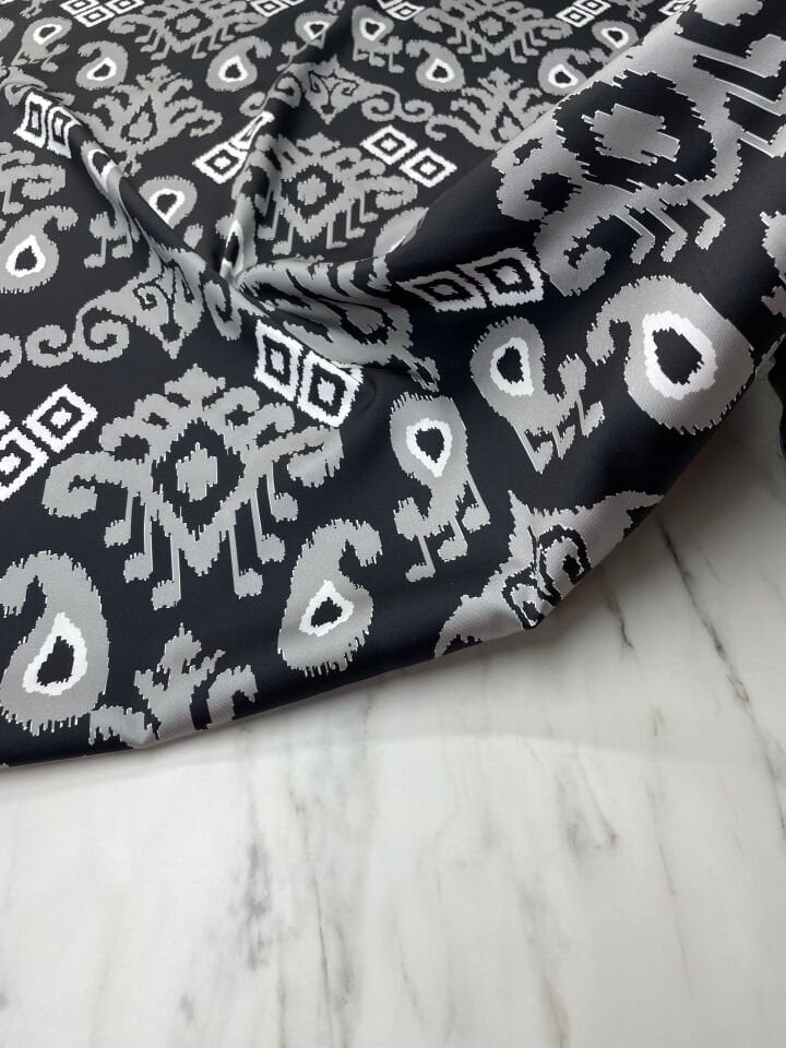 Gri İkatlı Desen Elbiselik Gömleklik Tivil Saten Kumaş