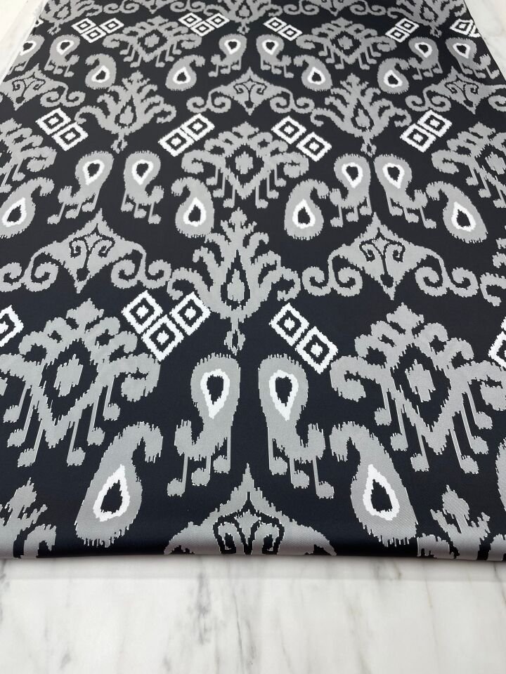 Gri İkatlı Desen Elbiselik Gömleklik Tivil Saten Kumaş