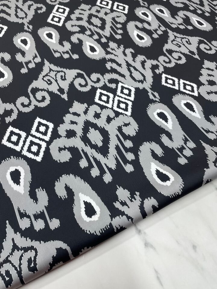 Gri İkatlı Desen Elbiselik Gömleklik Tivil Saten Kumaş