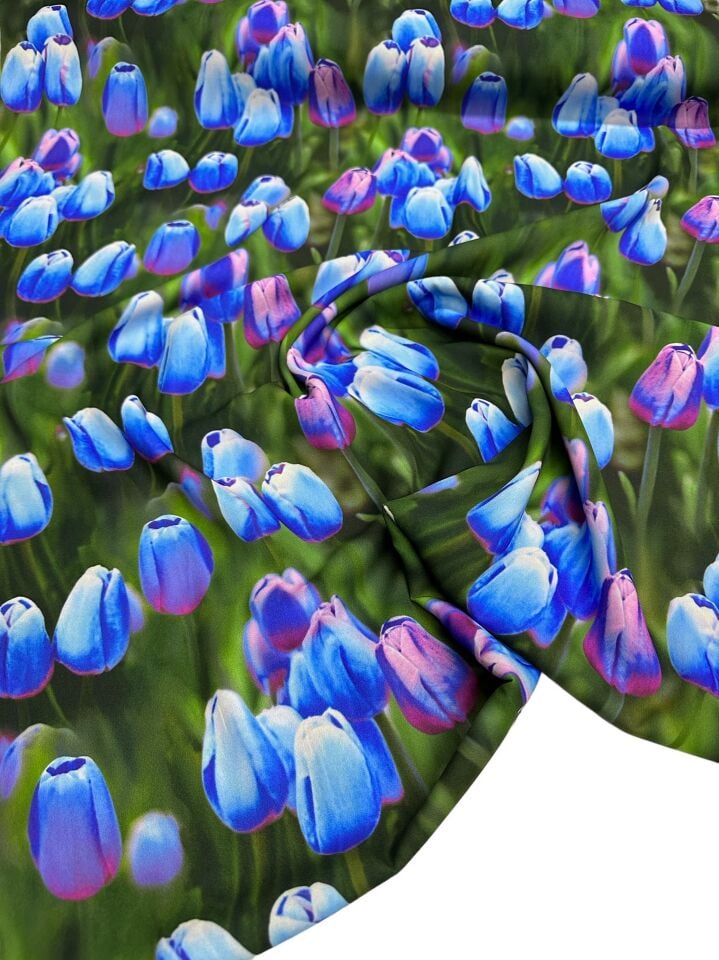 Mavi Lale Desen Elbiselik Gömleklik Krep Kumaş