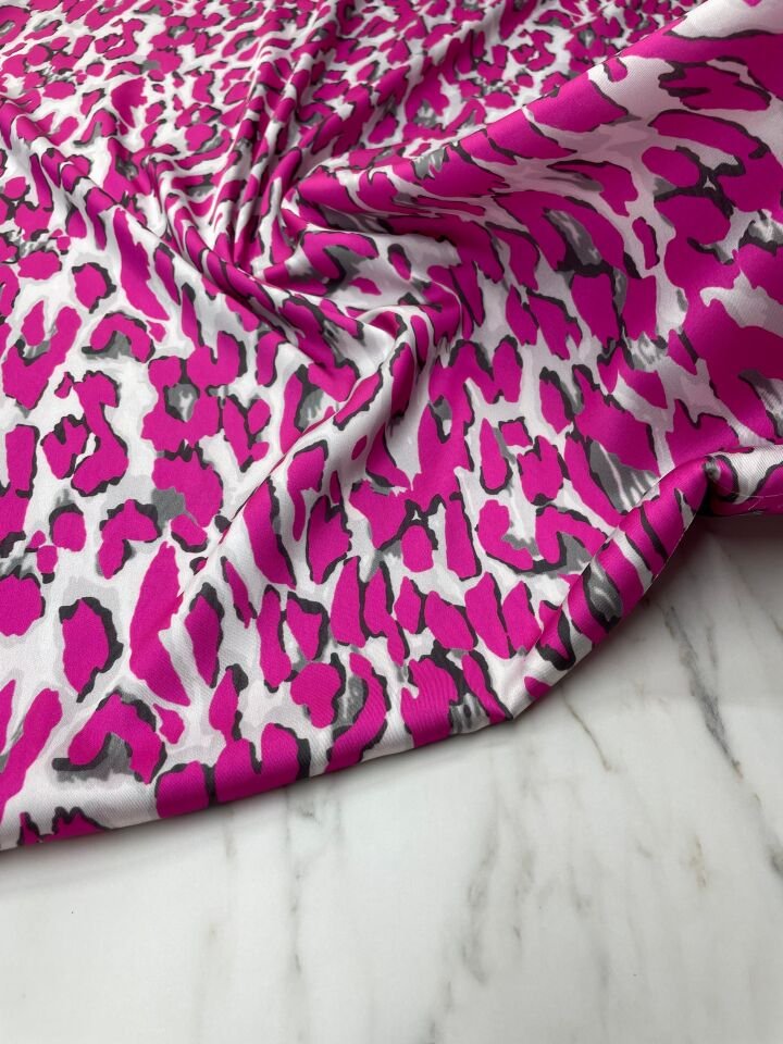 Fuşya Leopar Desen Elbiselik Gömleklik Tivil Saten Kumaş