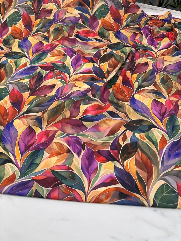 Yaprak Desenli Krep Kumaş Elbise Etek Gömlek Şalvar