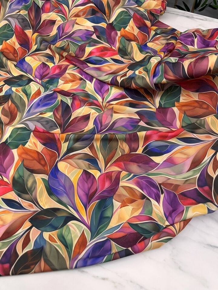 Yaprak Desenli Krep Kumaş Elbise Etek Gömlek Şalvar