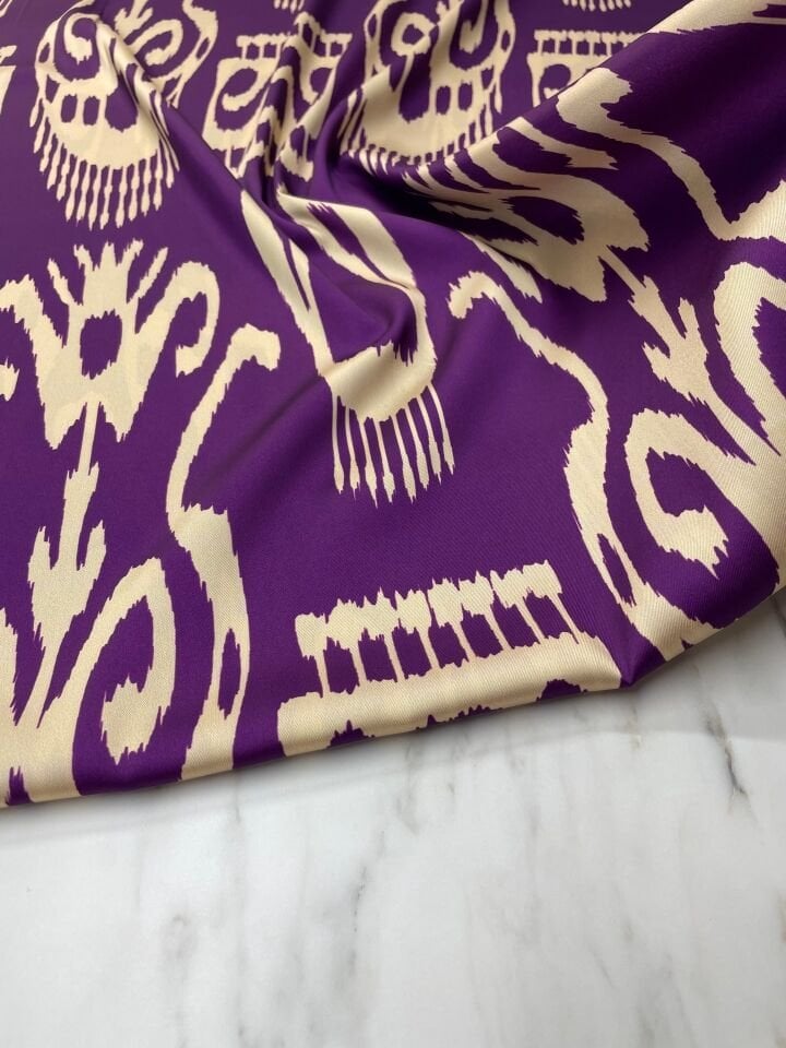 Mor İkat Desen Elbiselik Gömleklik Tivil Saten Kumaş