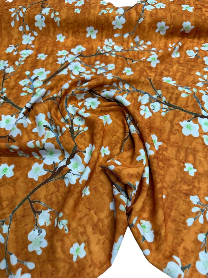 Turuncu erik Çiçeği Desen Elbiselik Gömleklik Krep Kumaş
