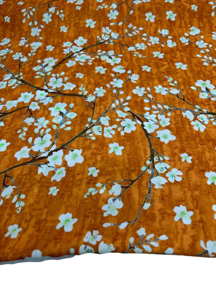 Turuncu erik Çiçeği Desen Elbiselik Gömleklik Krep Kumaş