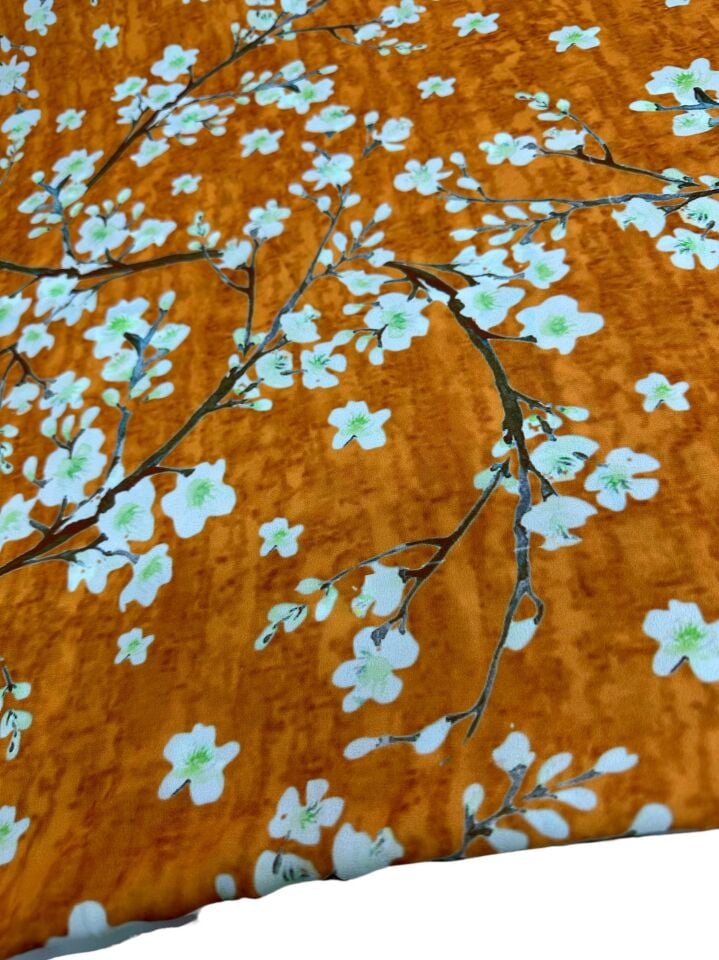 Turuncu erik Çiçeği Desen Elbiselik Gömleklik Krep Kumaş