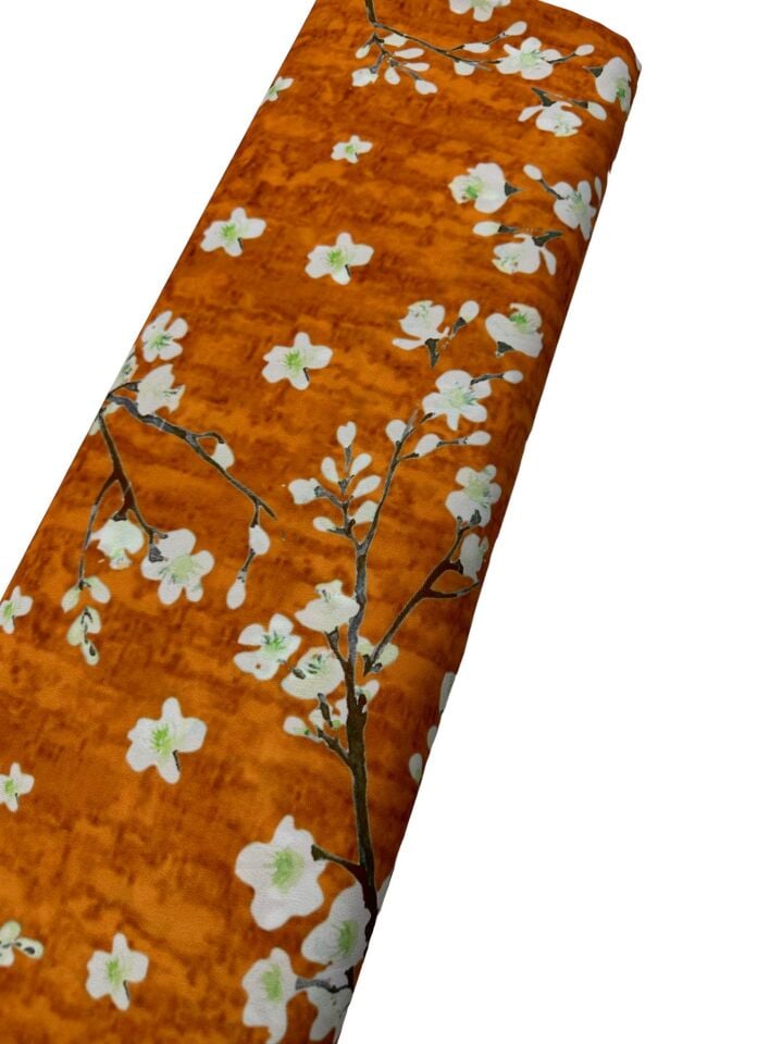 Turuncu erik Çiçeği Desen Elbiselik Gömleklik Krep Kumaş